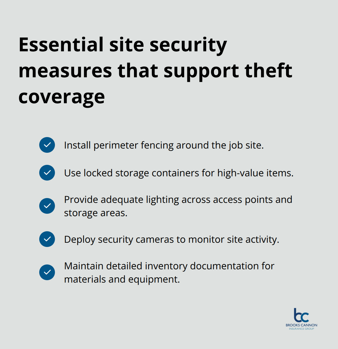 Key theft-prevention steps that help reduce claims and support builders risk coverage.