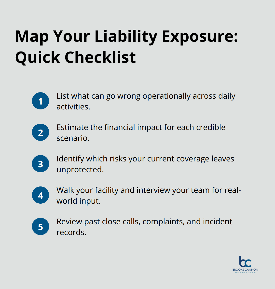 Five concise steps to map operational risks, financial impact, and coverage gaps for a Dallas business. - Commercial liability planning