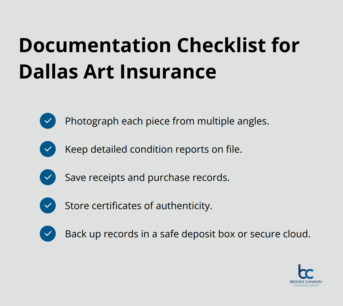 Checklist of essential documentation to protect a Dallas art collection for insurance purposes.