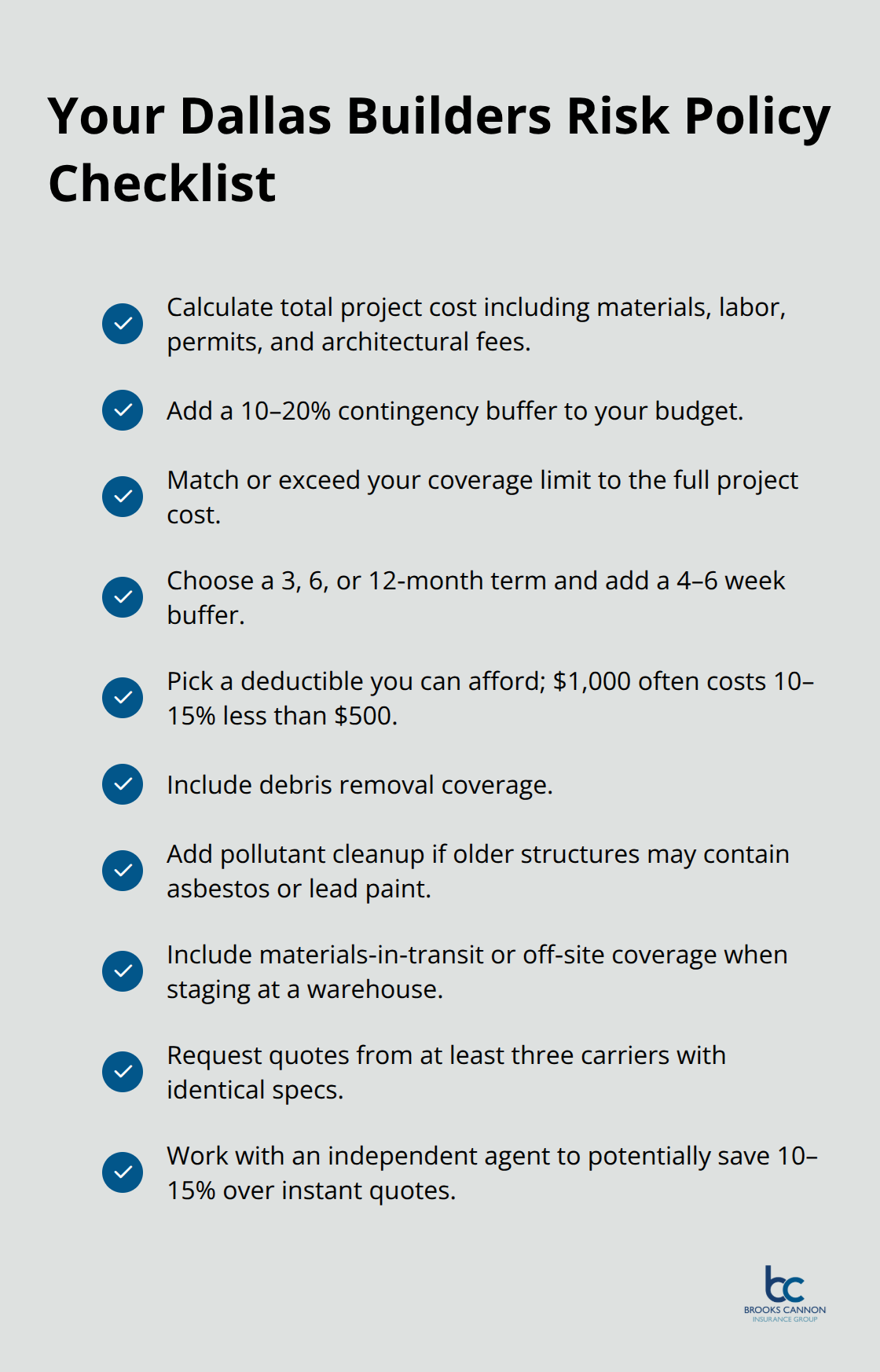 Checklist of steps and options to choose the right builders risk policy for a Dallas renovation