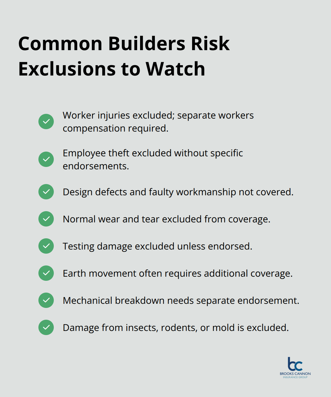 Checklist of typical builders risk insurance exclusions contractors should review.