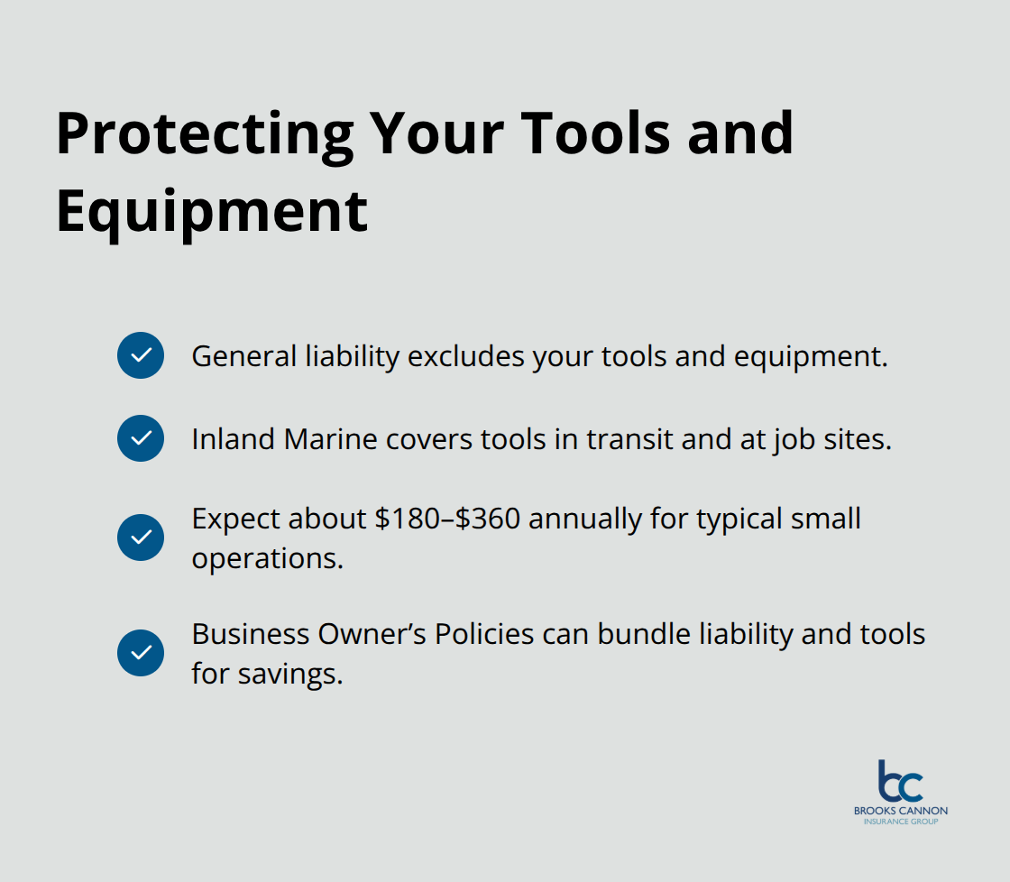 Checkmarked list highlighting why carpenters need separate tools coverage and typical Inland Marine costs.