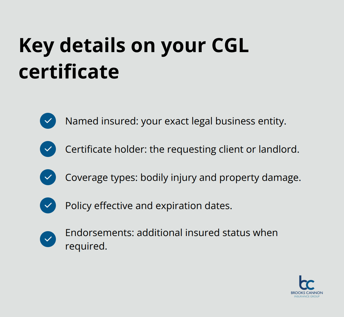 Checklist of common certificate fields shown on a commercial general liability certificate - certificate of commercial general liability insurance