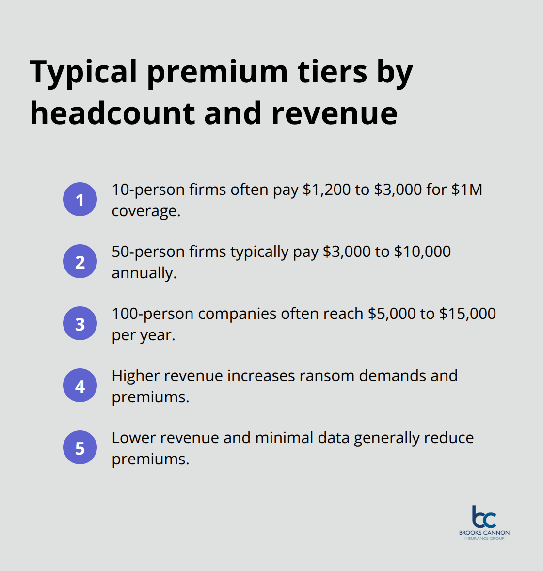 Compact list showing cyber premium ranges by employee count and revenue considerations - cyber liability insurance cost
