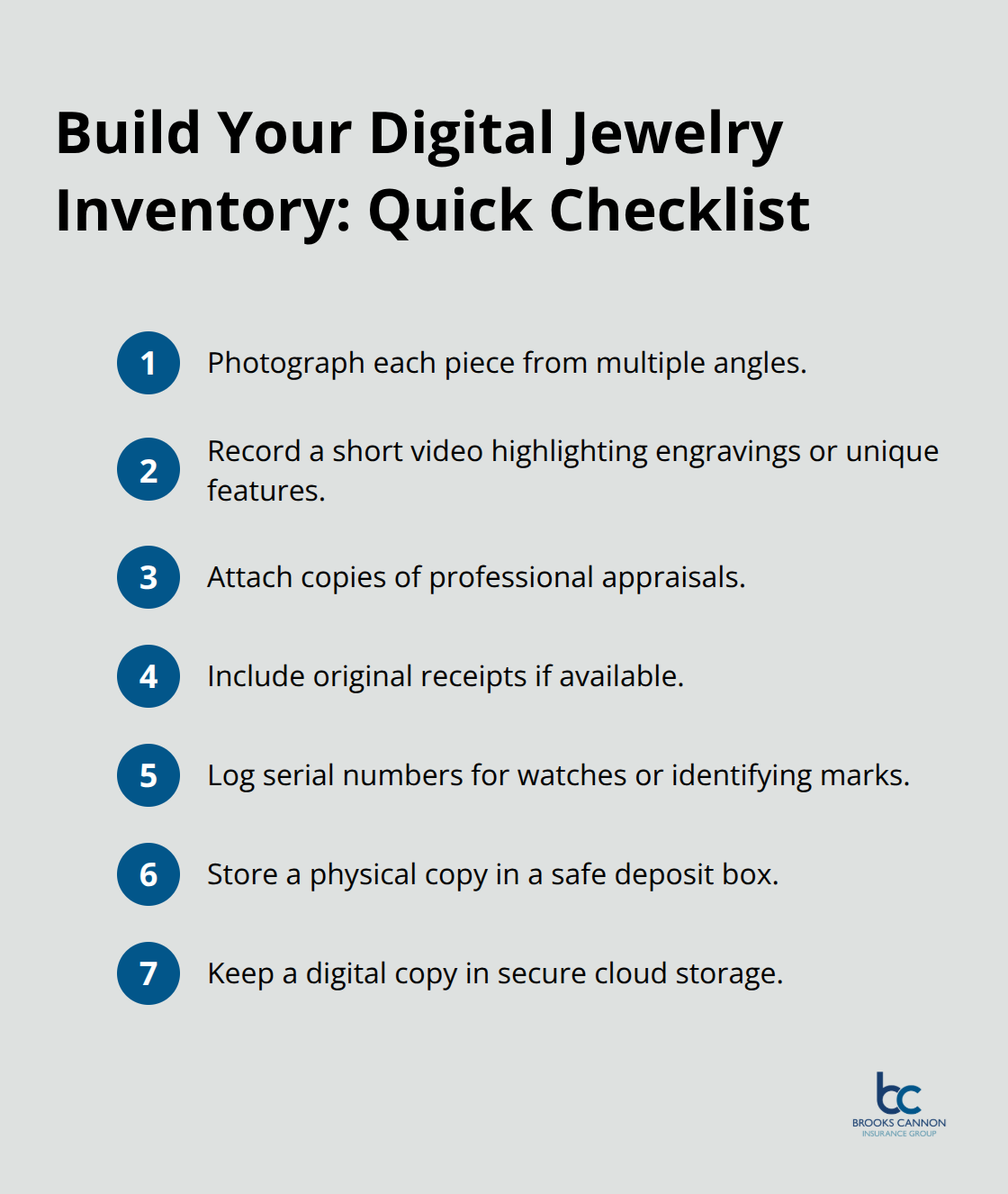 Compact checklist of steps to create and store a digital jewelry inventory - jewelry collection insurance Dallas