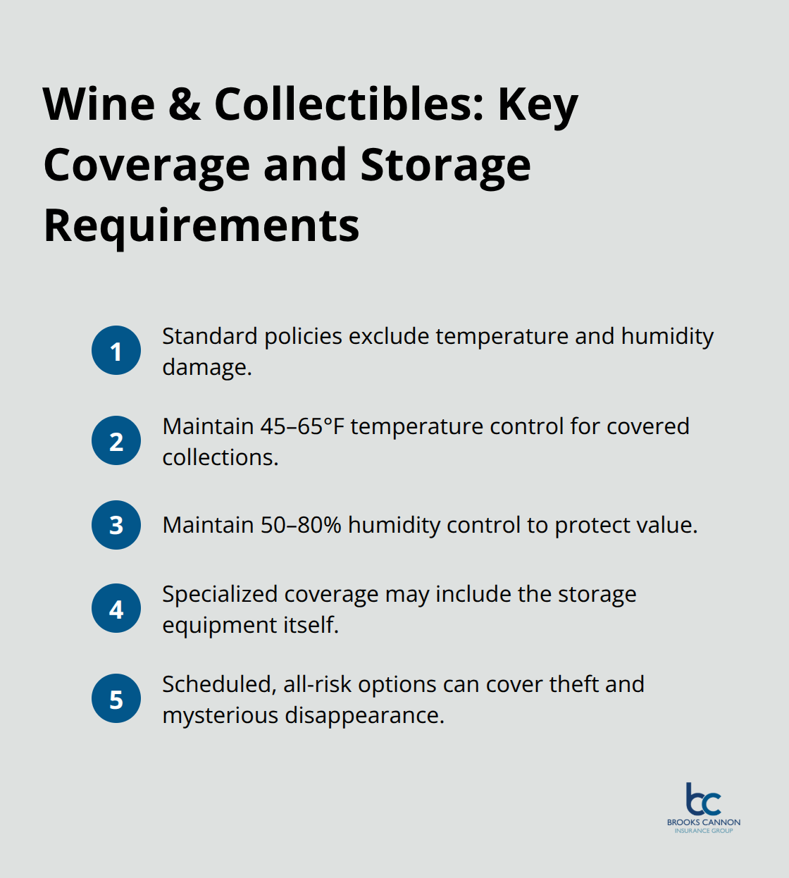 Checklist of storage specs and coverage features for wine and collectibles.