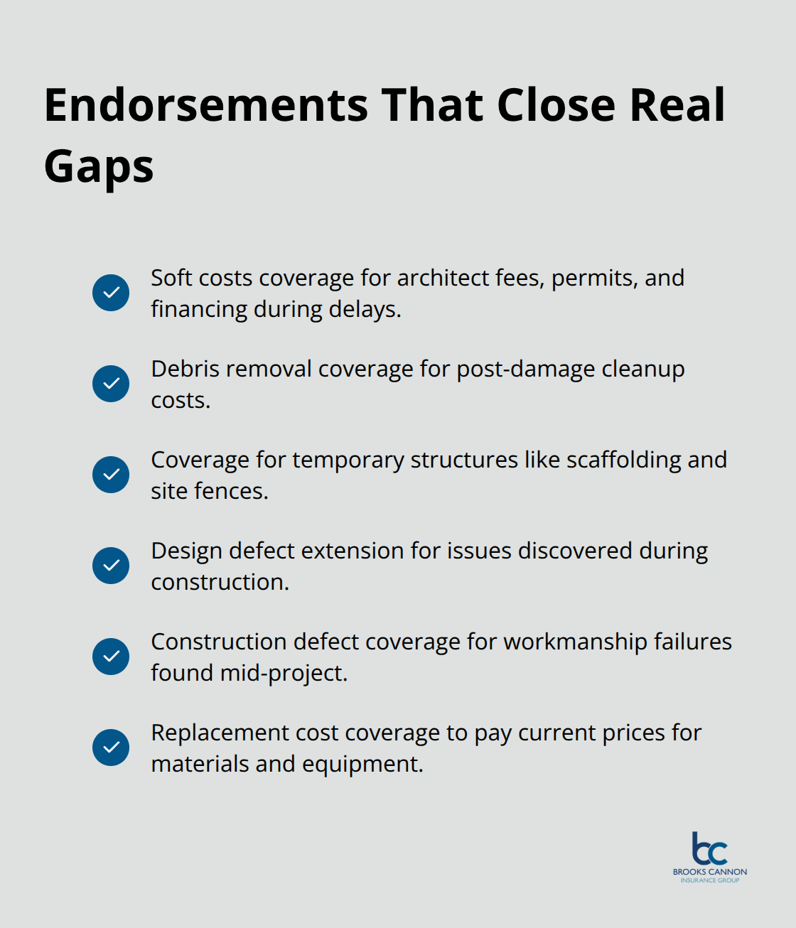 Checklist of key builder's risk endorsements that close coverage gaps for Dallas projects