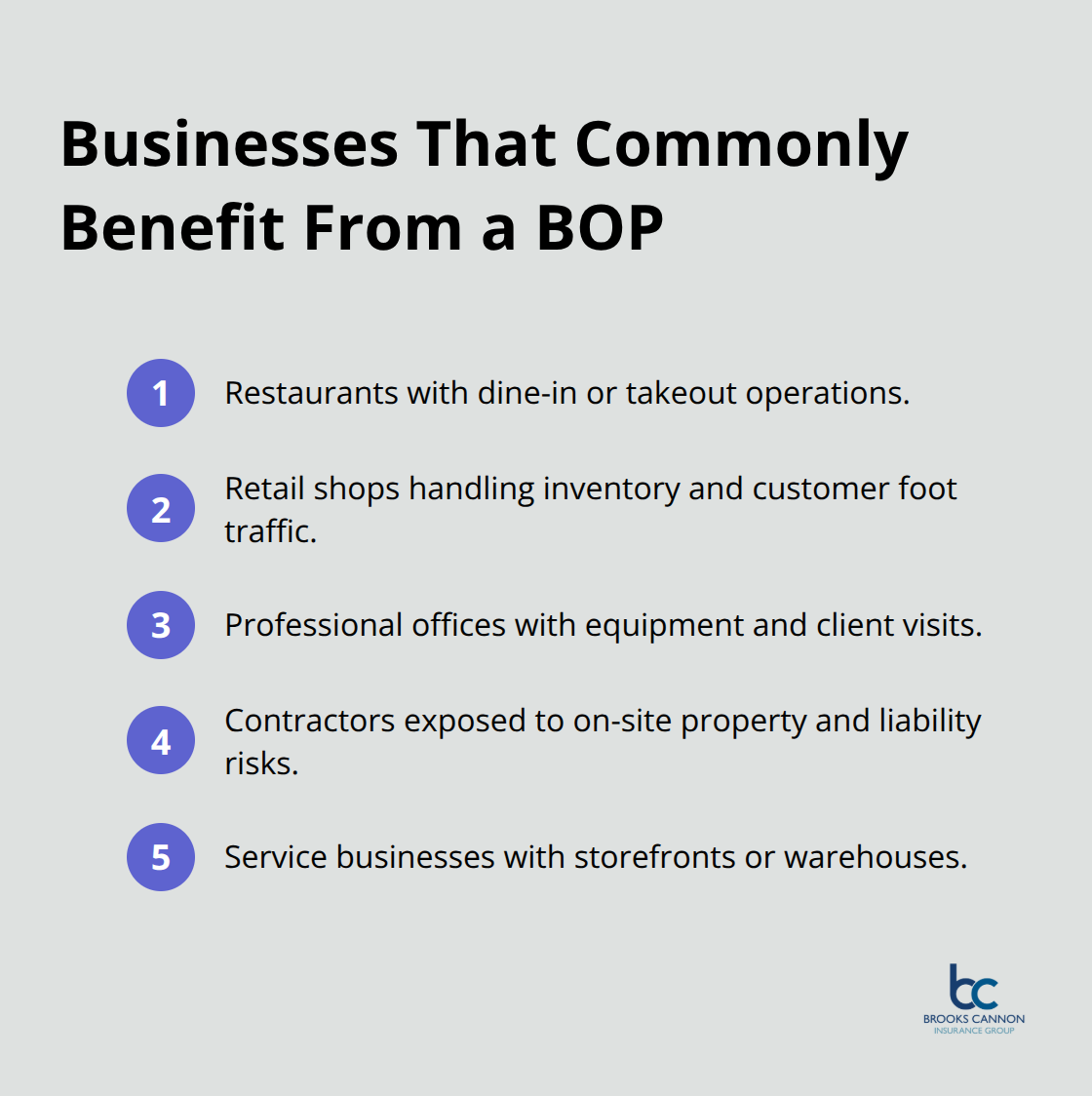Compact list of business types that typically benefit from a BOP.