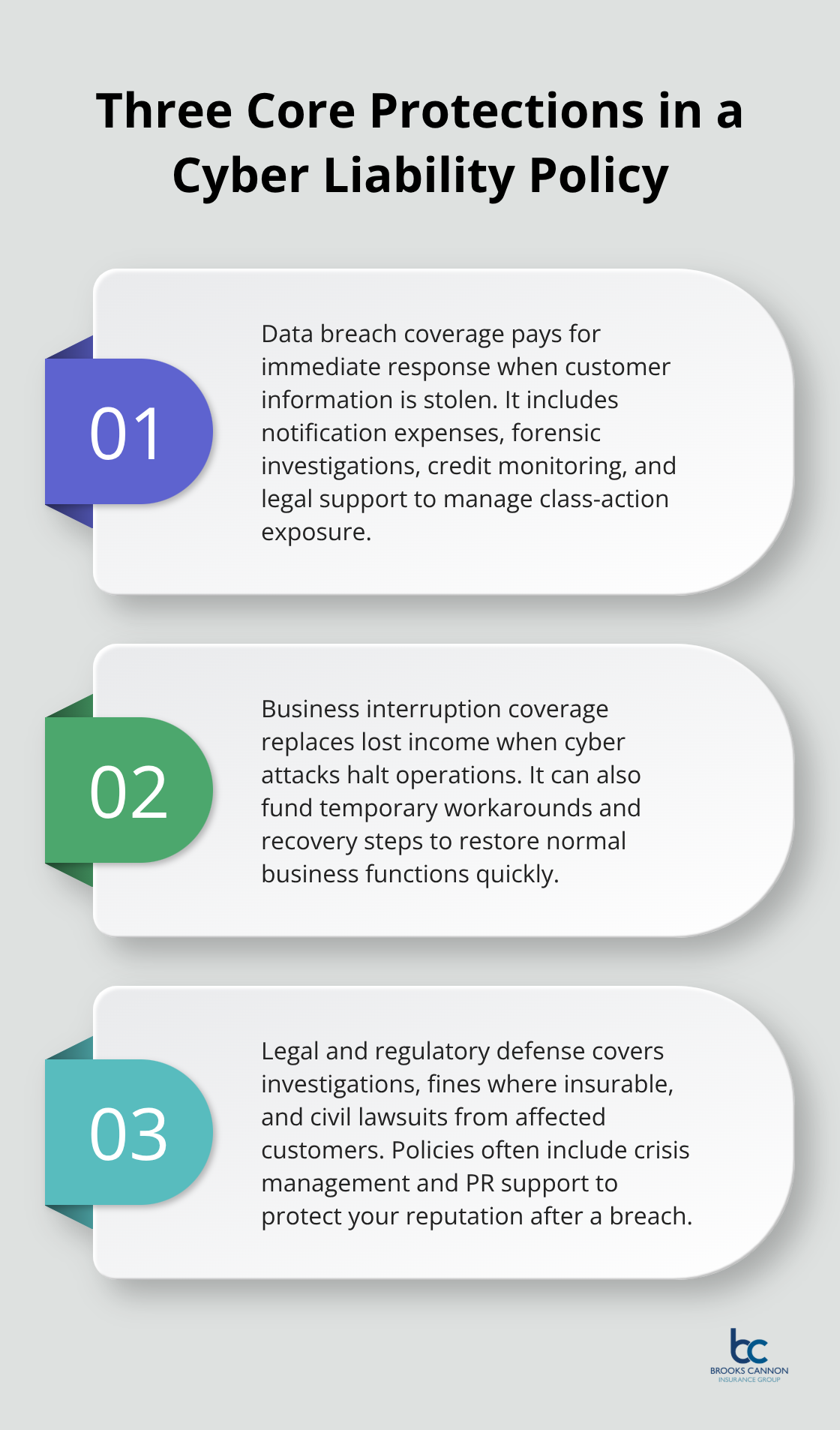 Infographic summarizing data breach, business interruption, and legal/regulatory defense coverage in cyber insurance.